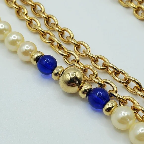 Cobalt Blue Cream Beaded Necklace Multi Strand‎ Gold Tone Statement Elegant - Picture 4 of 9